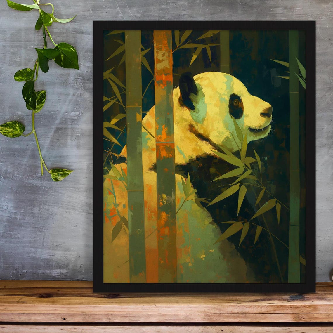 Moody Giant Panda Profile Peeking Through Dark Teal Bamboo Art Poster