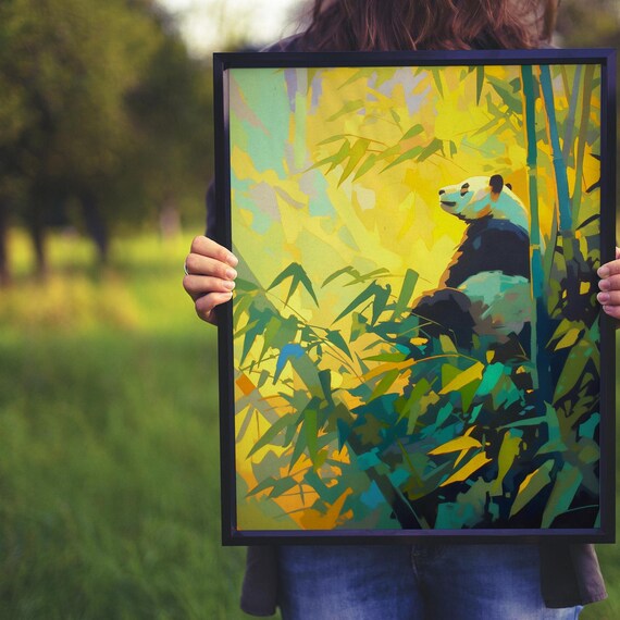 Giant Panda Sitting in a Golden Sunlit Bamboo Forest Painting Poster