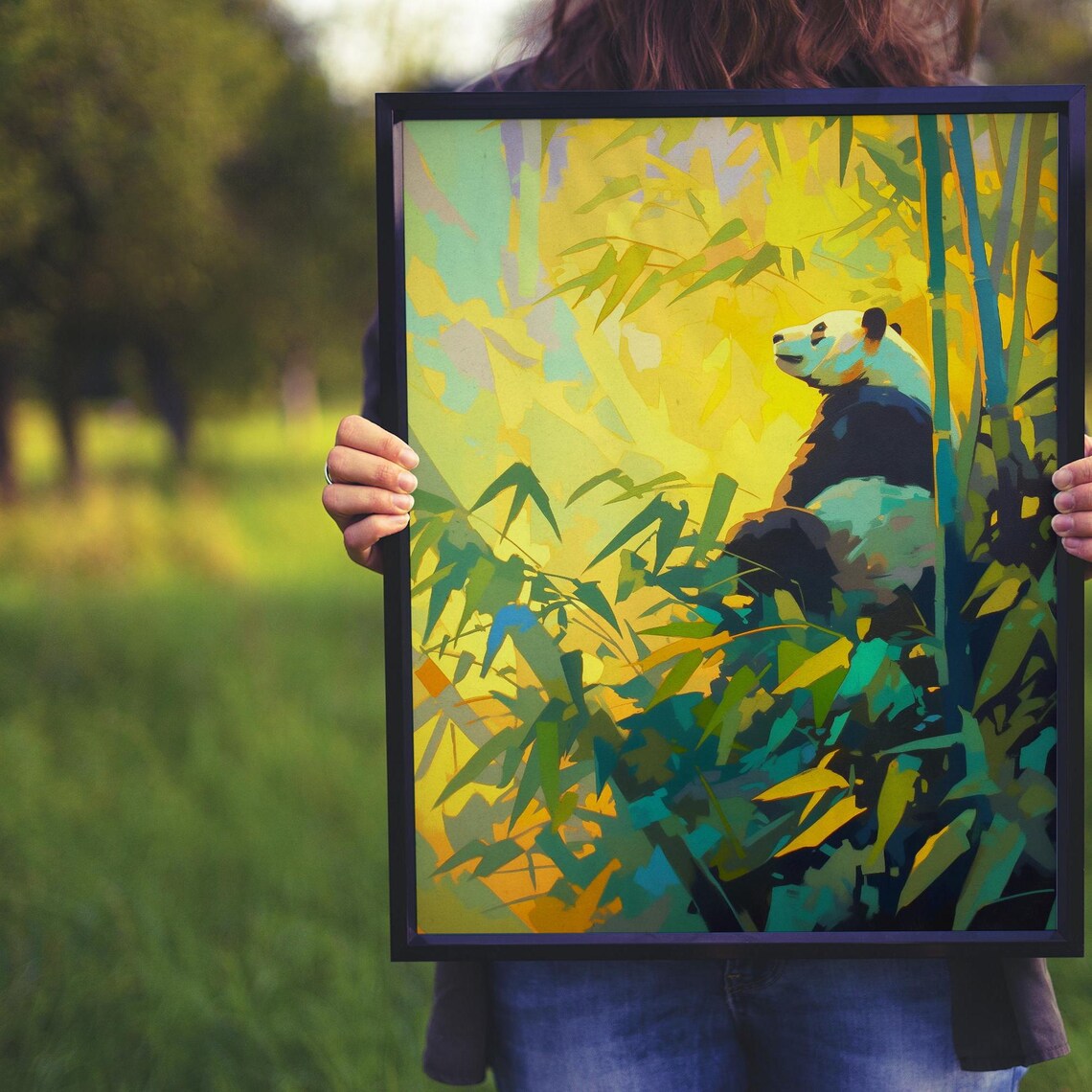 Giant Panda Sitting in a Golden Sunlit Bamboo Forest Painting Poster