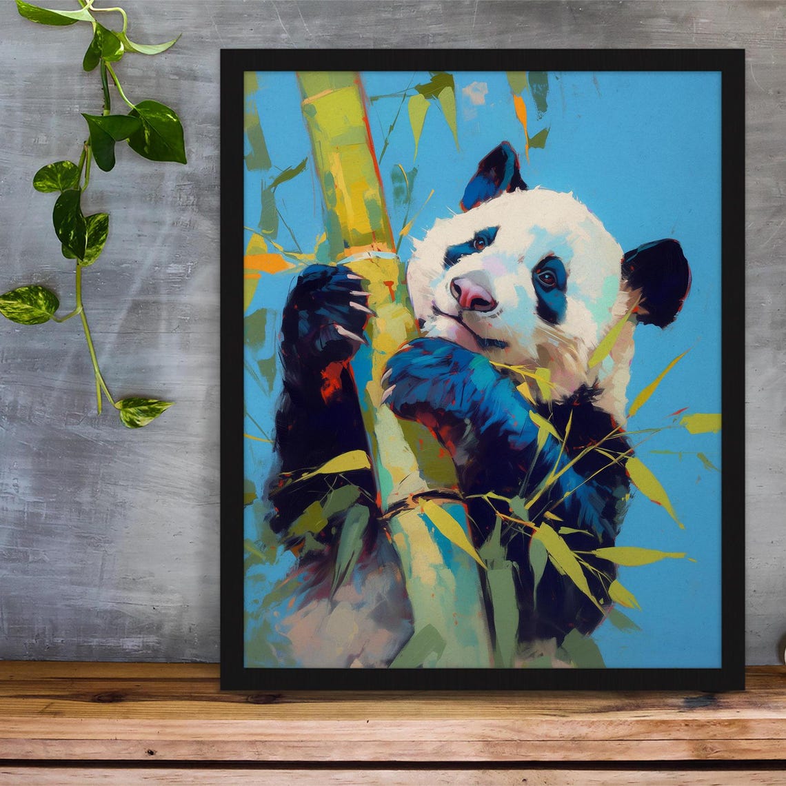 Colorful Giant Panda Hugging Bamboo Against a Bright Blue Sky Poster