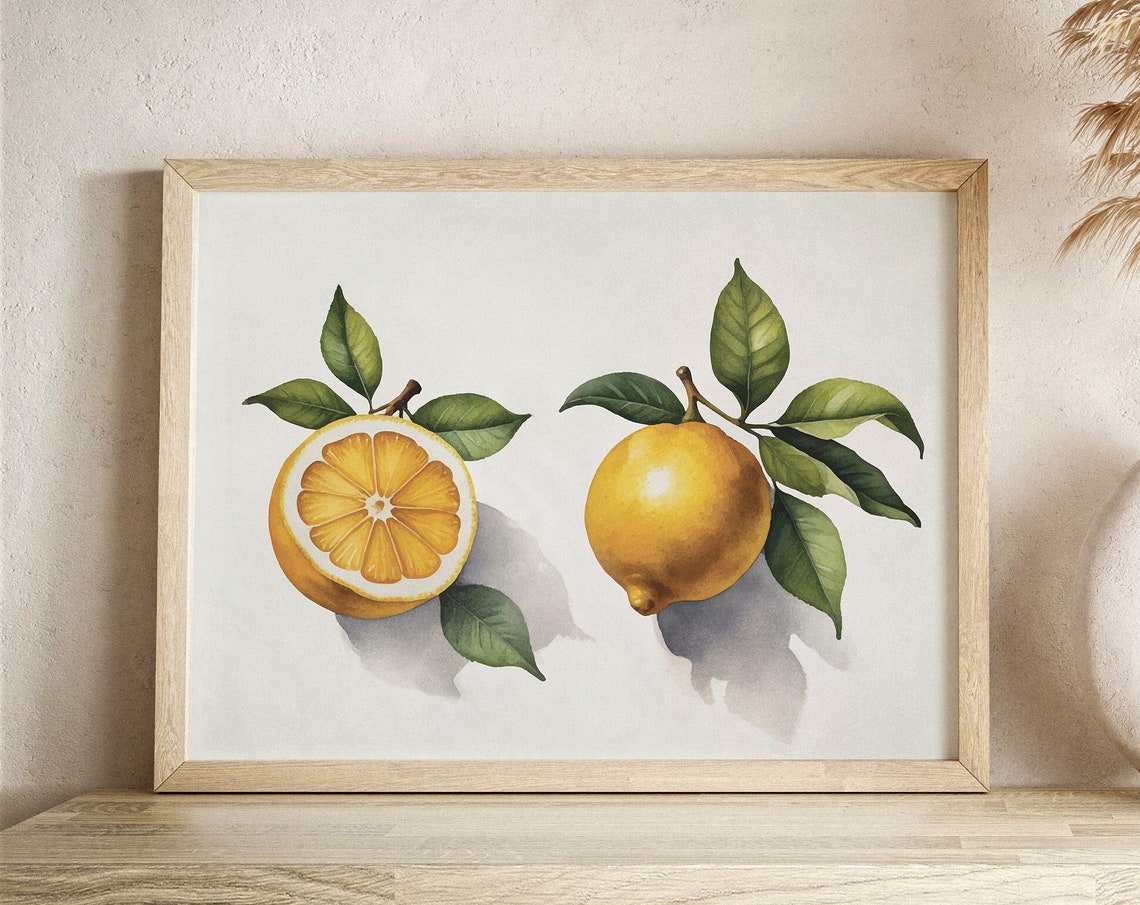 Fresh Watercolor Lemons Print with Half and Whole Fruit on Cream