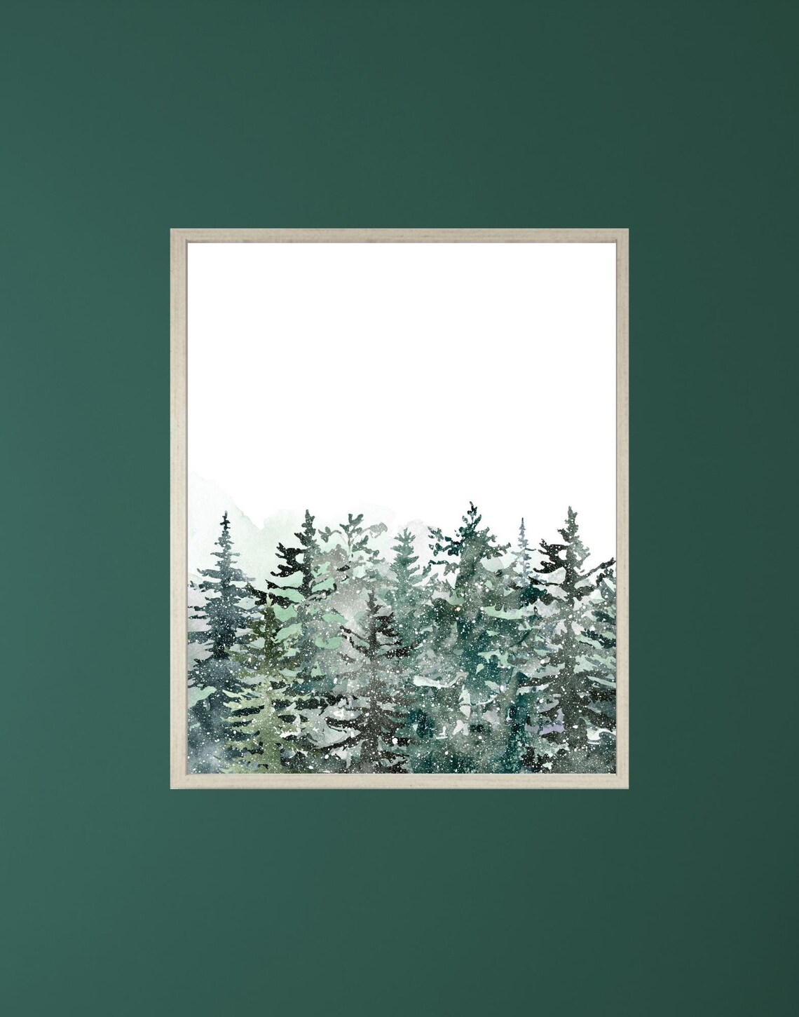 Snowy Pine Treeline Watercolor Teal Green Winter Forest Poster