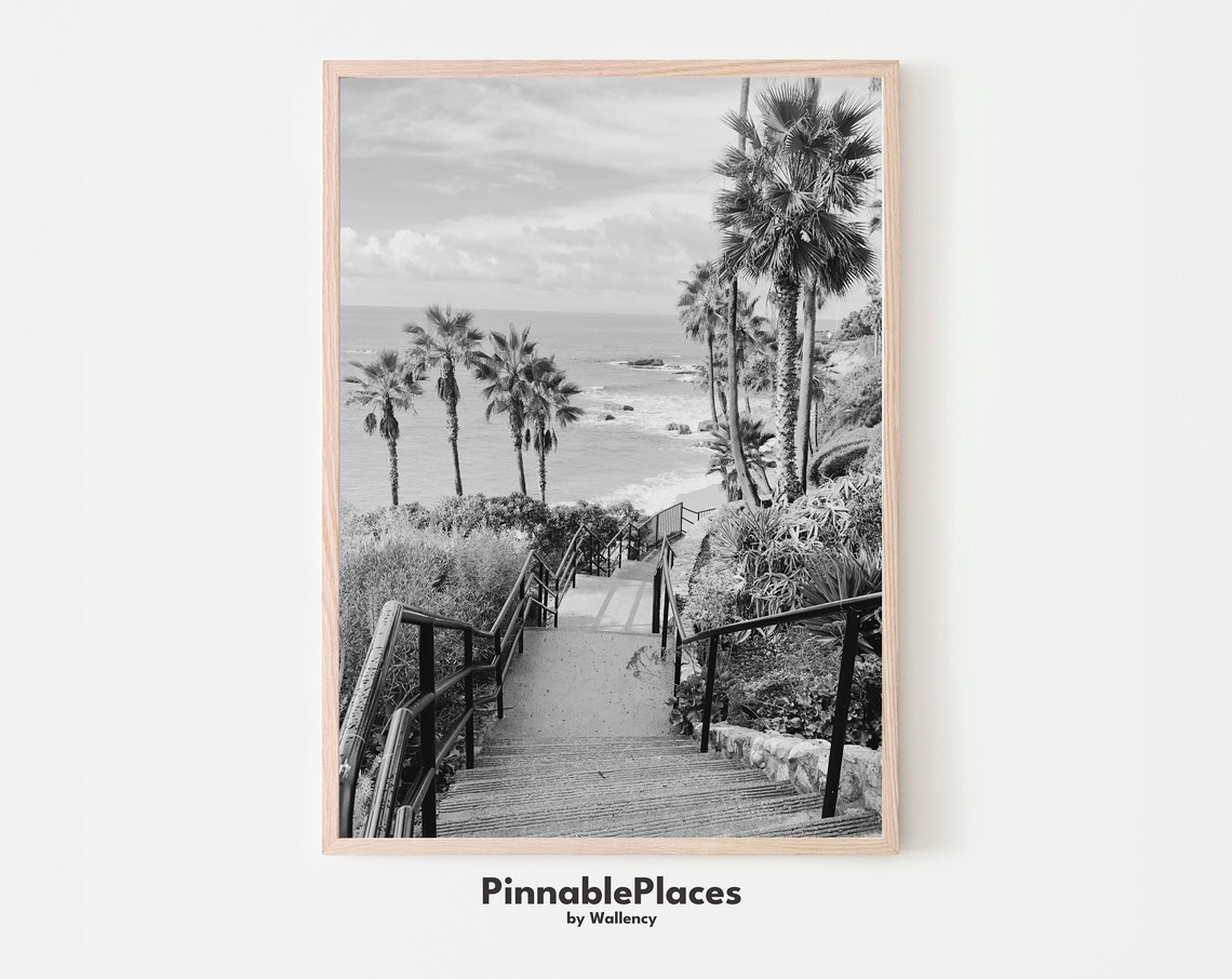 Laguna Beach Stairway Black and White Palm Trees Ocean Photo Poster