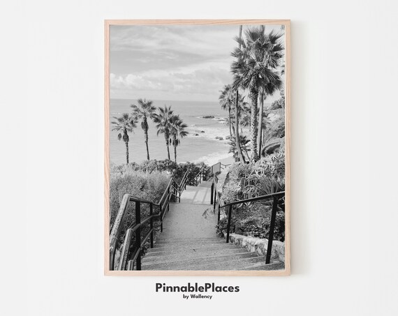 Laguna Beach Stairway Black and White Palm Trees Ocean Photo Poster