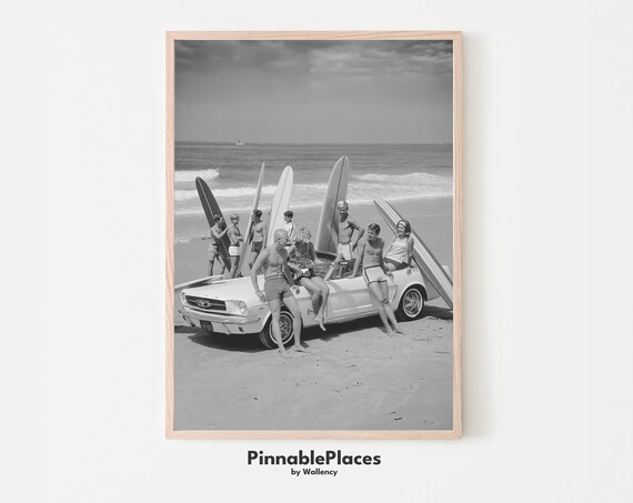 Vintage Surfers Classic Mustang Convertible Black White Beach Photo Poster