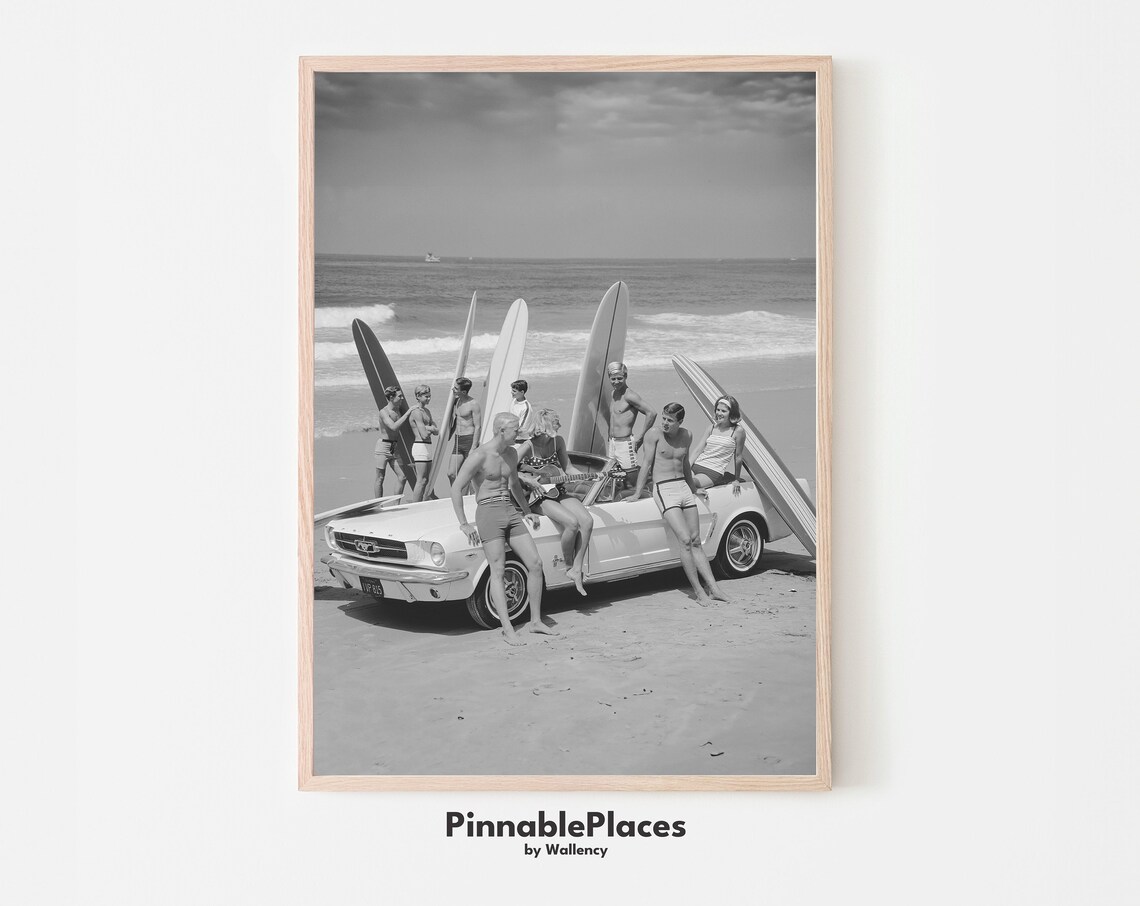 Vintage Surfers Classic Mustang Convertible Black White Beach Photo Poster