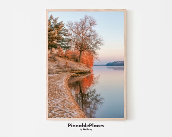 Autumn Fall Lake Orange Trees Calm Water Reflection Photo Poster