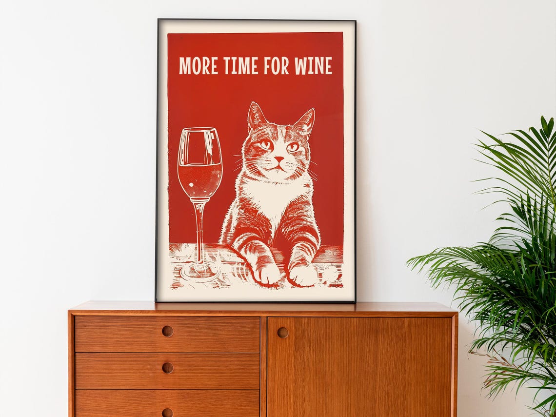 More Time For Wine Funny Tabby Cat With Glass Red Retro Kitchen Poster - Image 3