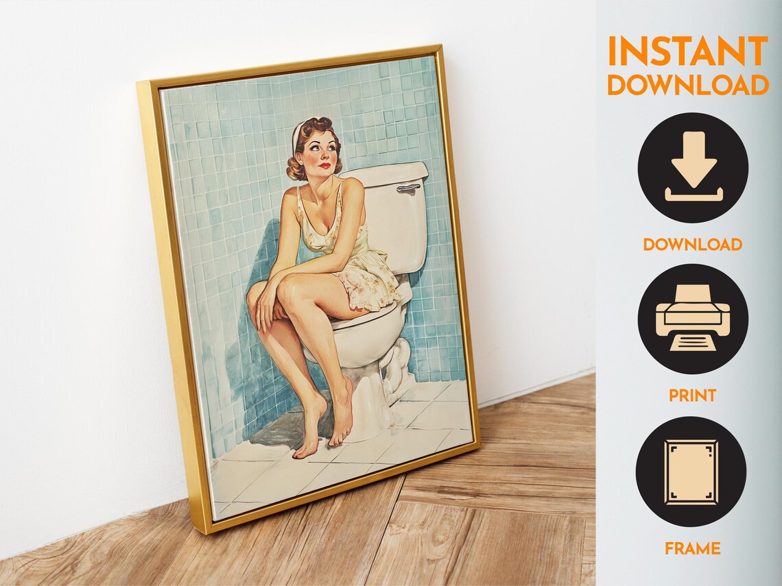 Retro Housewife Sitting On Toilet Vintage Bathroom Art Poster - Image 6