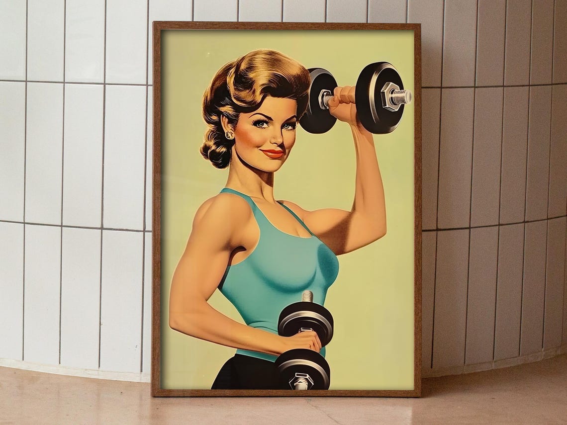 Retro Female Gym Poster Wall Art Gym Motivation Poster Workout Room Art Home Gym Wall Prints Fitness Girl Art Dumbbell Art Print - Image 3