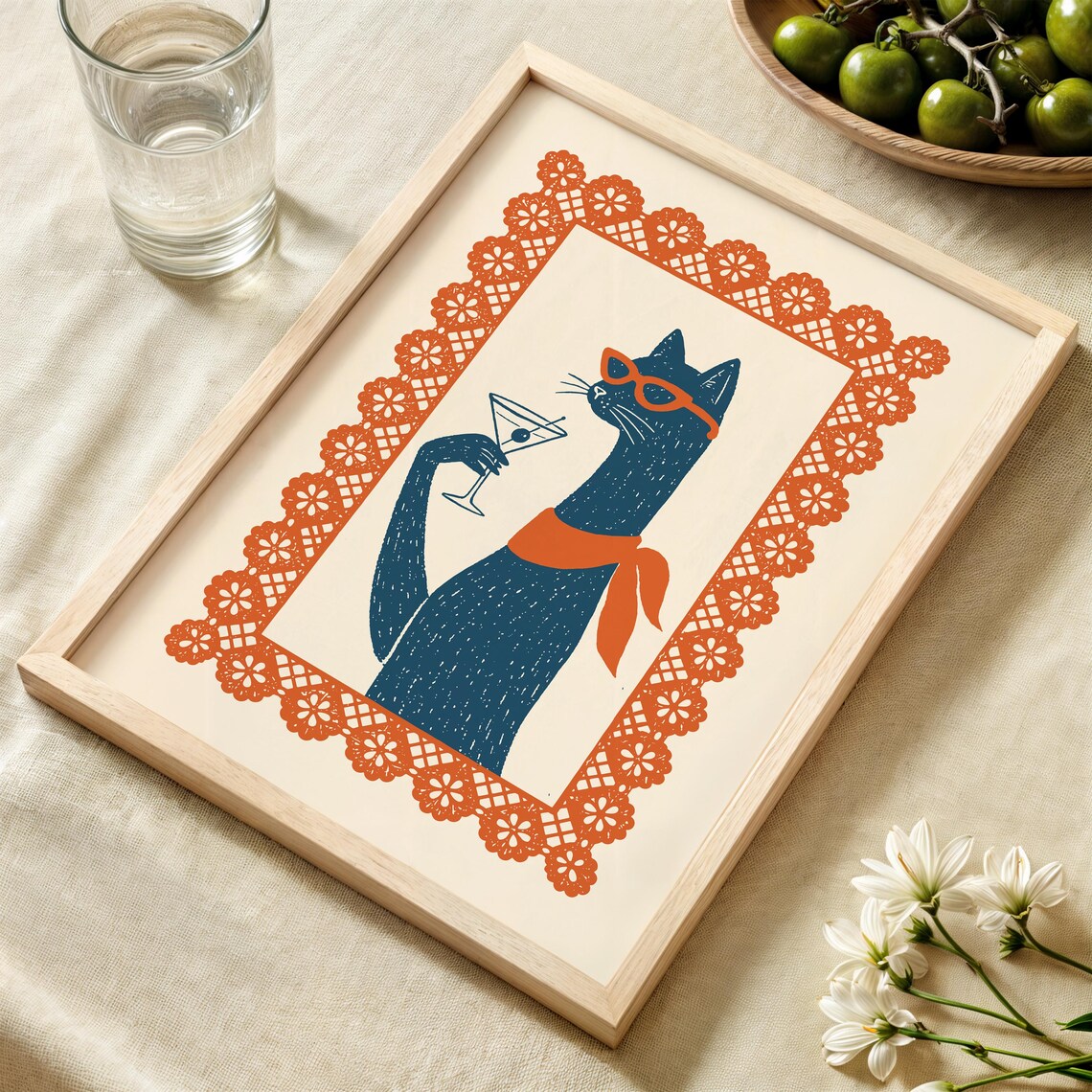 Martini Cat Print, Mid-Century Modern Retro Poster