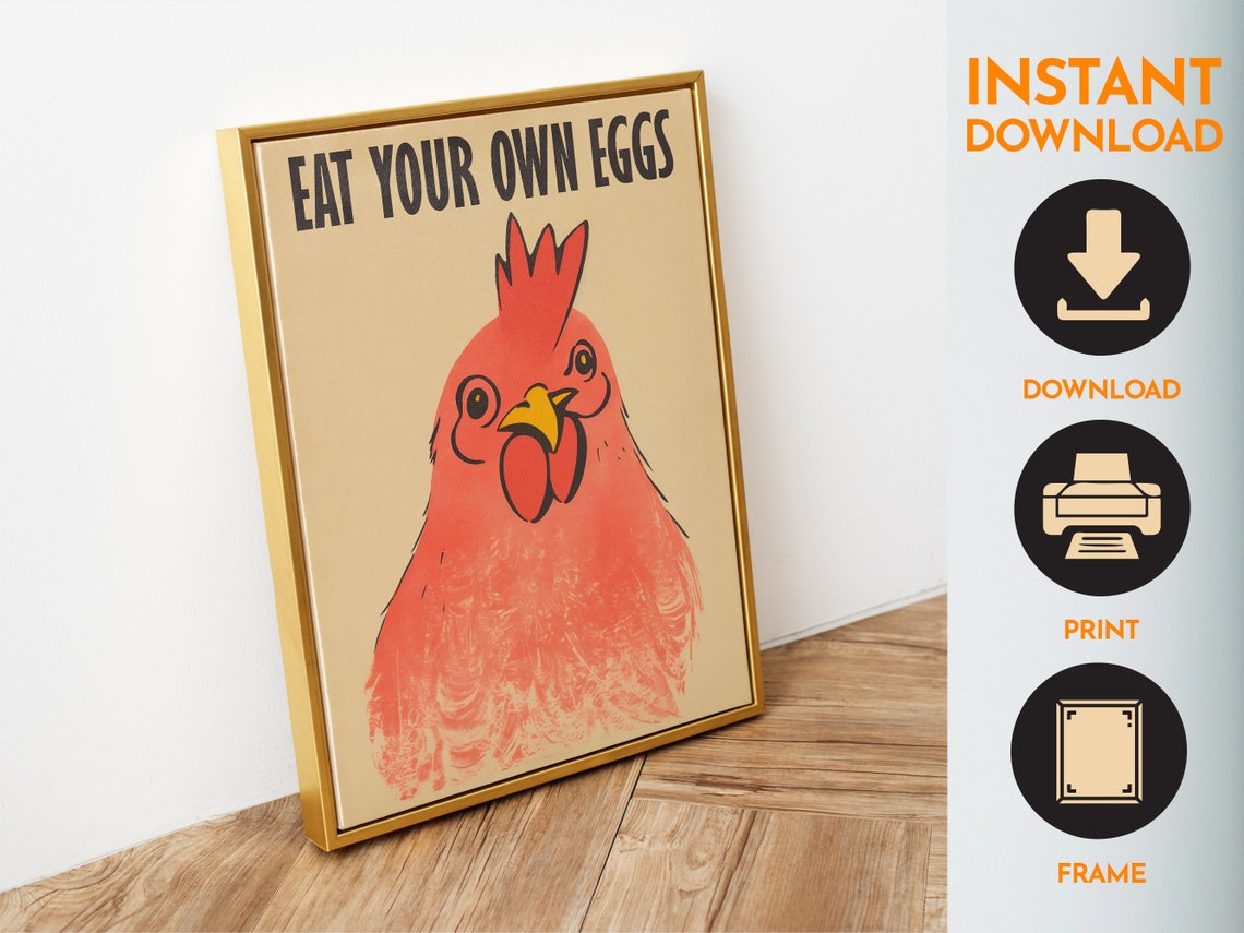Eat Your Own Eggs Funny Red Chicken Kitchen Poster Vegan Humor Art - Image 4