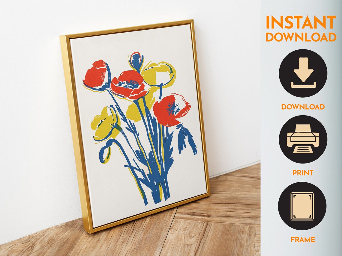 Minimalist Red and Yellow Poppies Blue Stems Modern Art Poster - Image 6