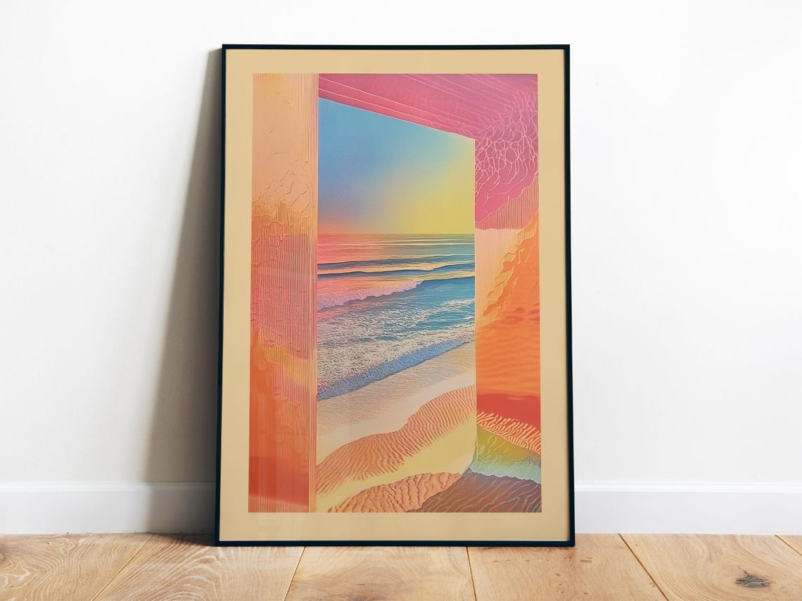 Pastel Sunset Beach View Through Door Dreamy Ocean Art Poster