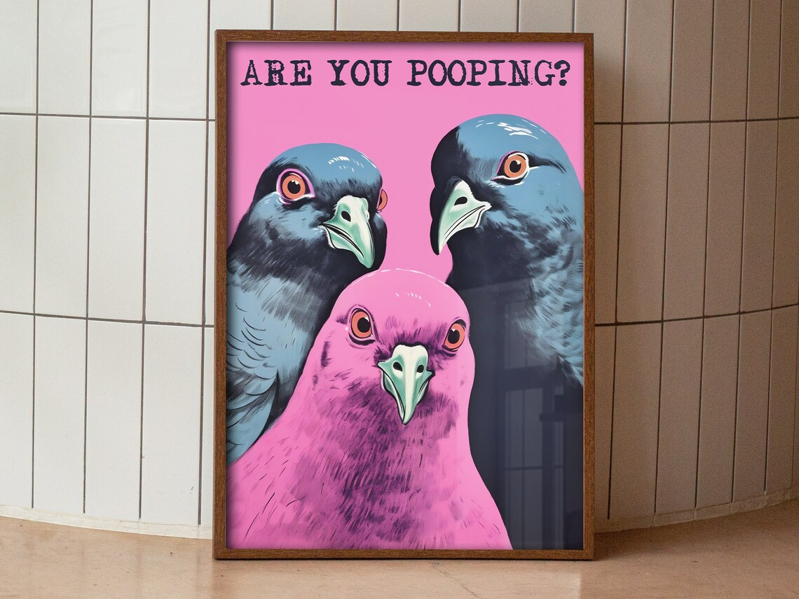 Funny Bathroom Pigeon Poster, Pink Toilet Wall Art - Image 2