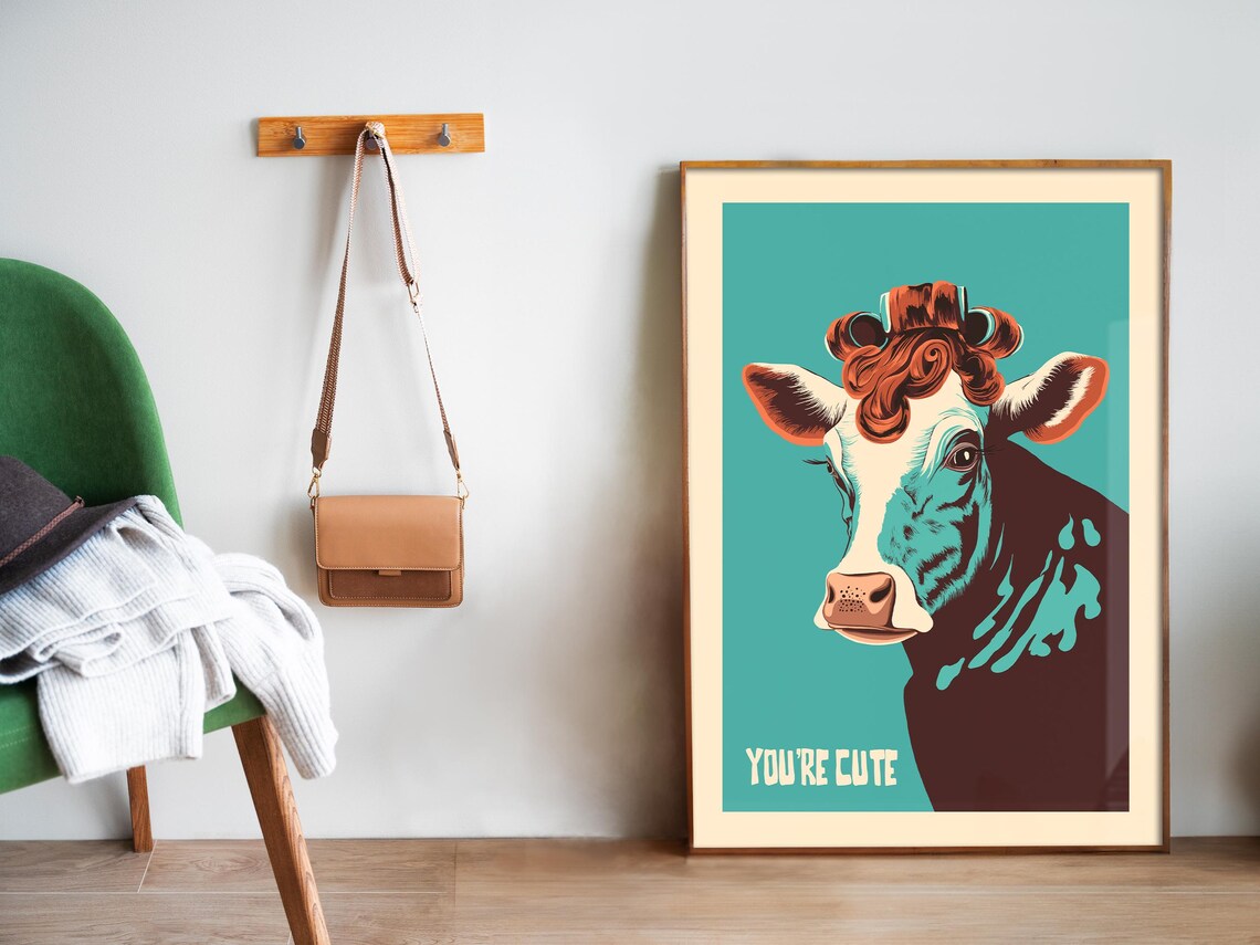 You're Cute Funny Cow Portrait Curly Hair Bathroom Art Poster - Image 5