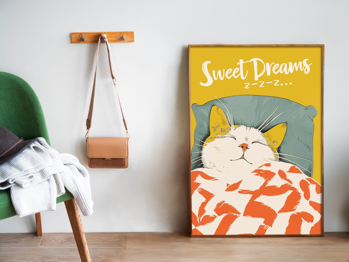 Sweet Dreams Sleepy White Cat In Bed Yellow Retro Bedroom Poster - Image 5