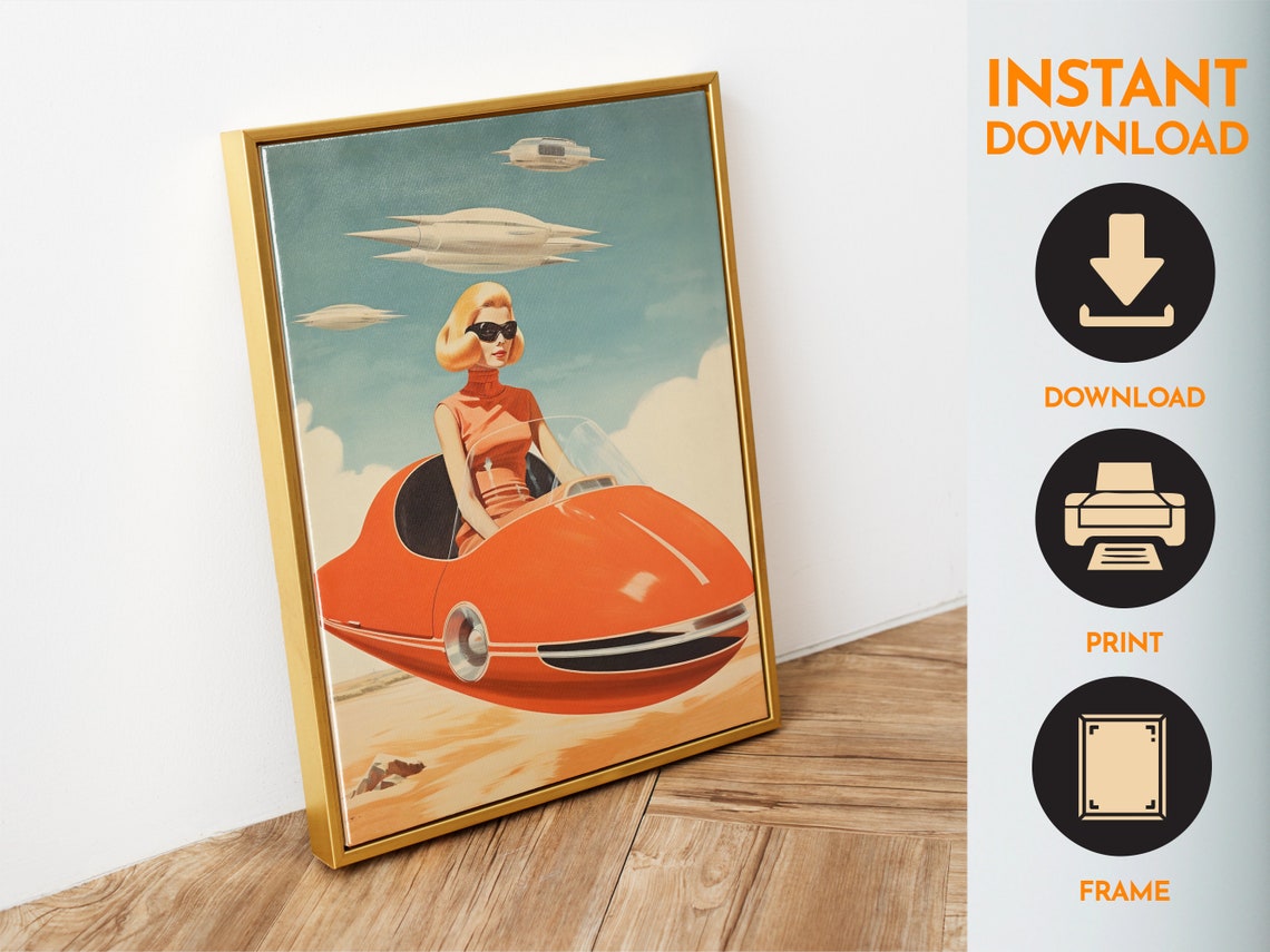 Woman In Orange Flying Car Bold Retro Futurism Sci Fi Art Poster - Image 6