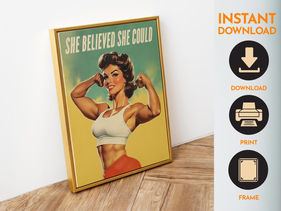 She Believed She Could Gym Poster Motivation Quote Wall Art Home Gym Retro Workout Room Decor Bodybuilding Print Fitness Girl Art - Image 6
