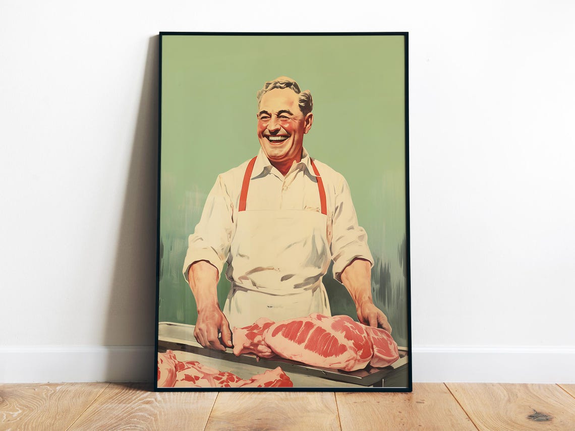 Happy Butcher With Fresh Meat Vintage Retro Kitchen Art Poster