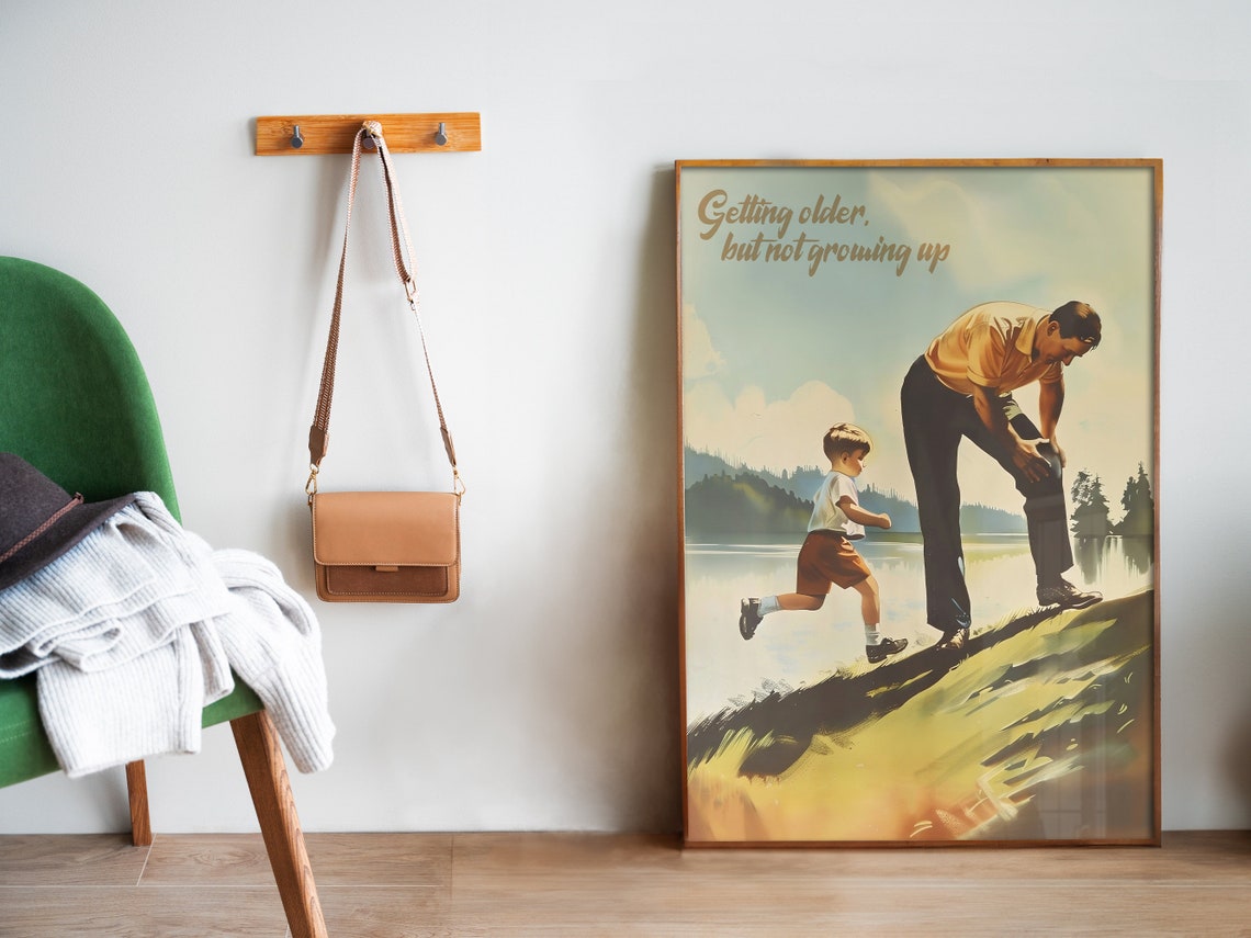 Retro Father and Son Getting Older Not Growing Up Lake Art Poster - Image 5