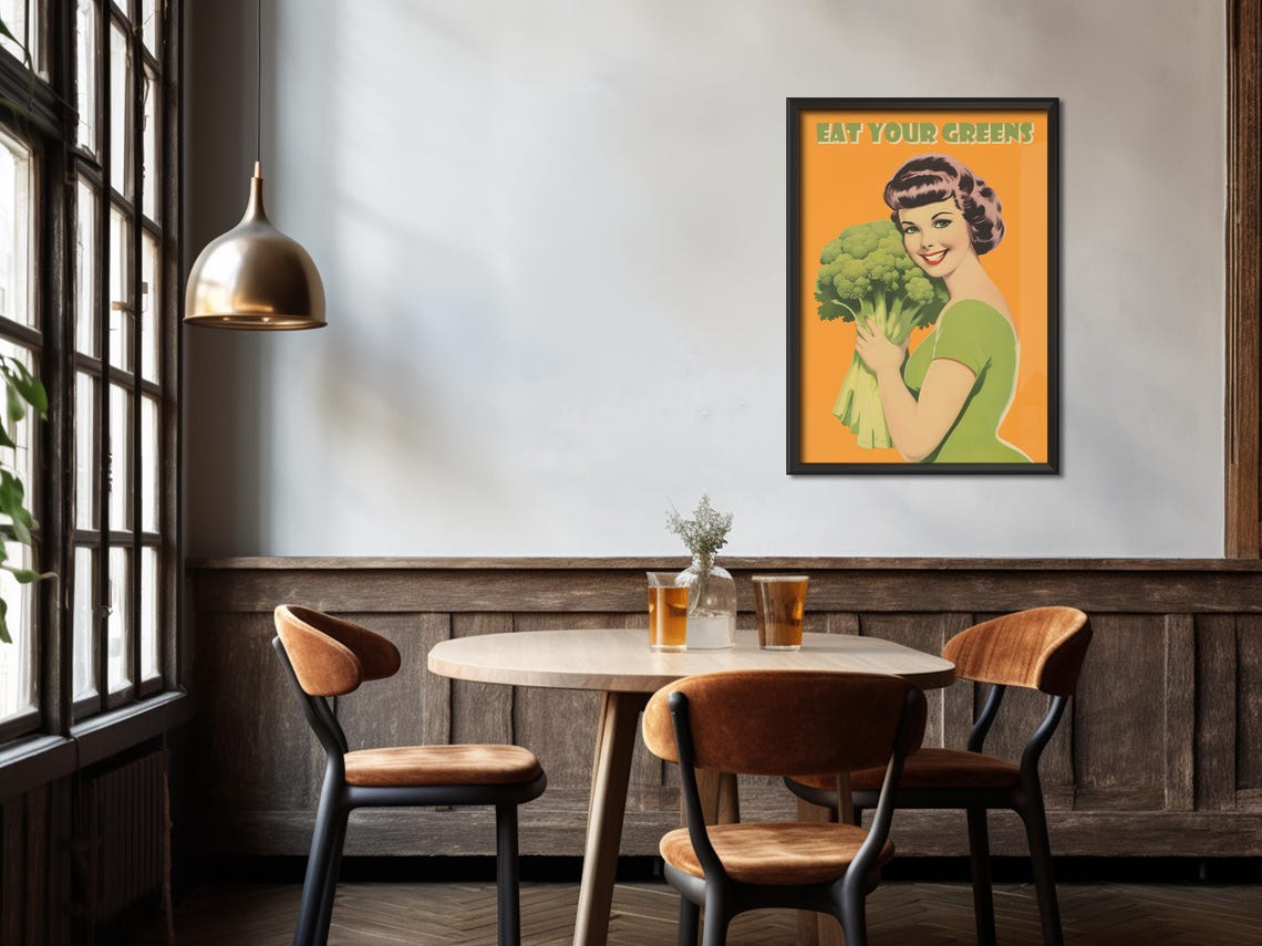 Eat Your Greens Retro Kitchen Broccoli 50s Housewife Wall Poster - Image 4