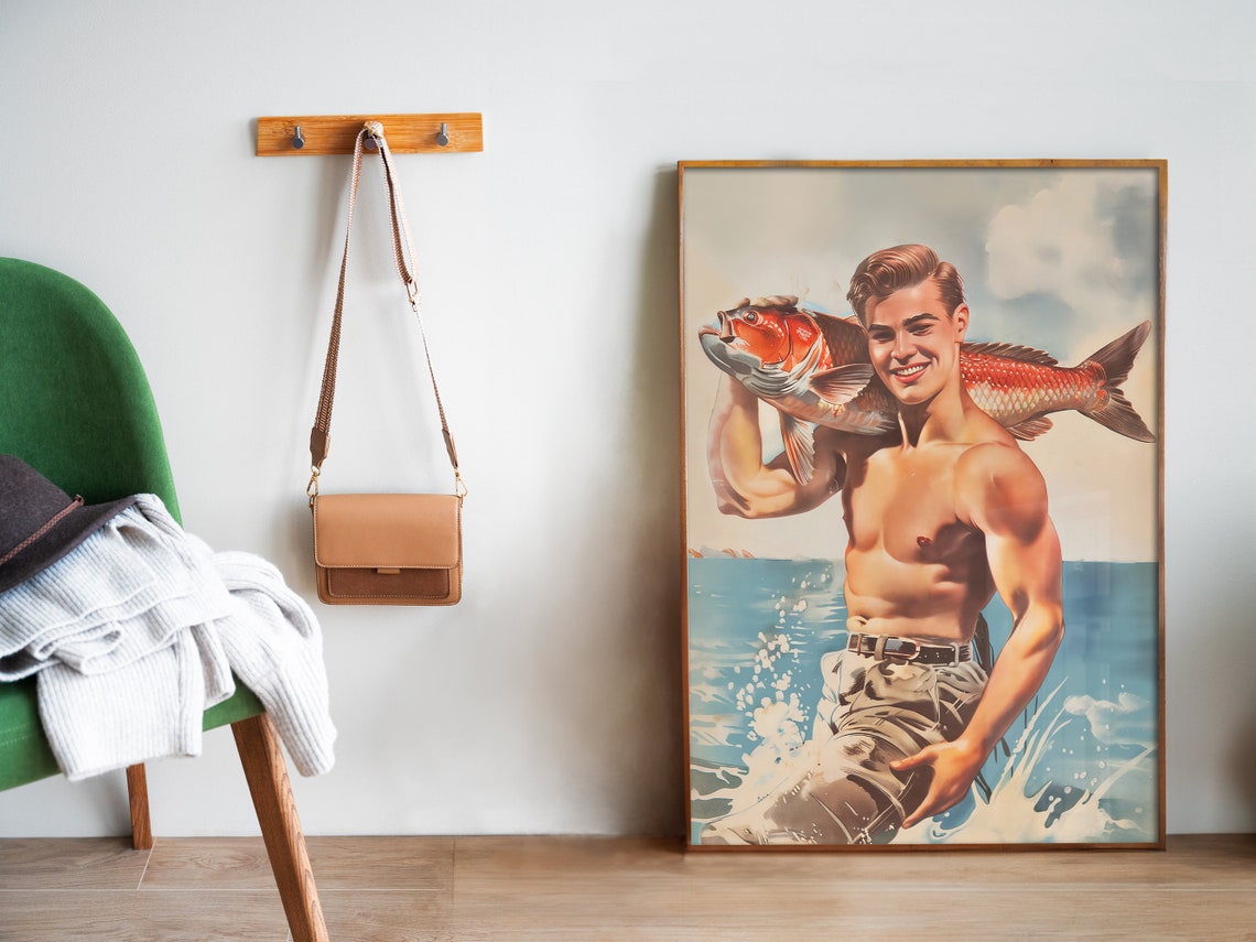 Retro Handsome Man Poster Vintage Fisherman Art Funny Print Gay Art Lgbtq Queer Art Print Fish Original Art 60s 70s Fishing Wall Art - Image 5