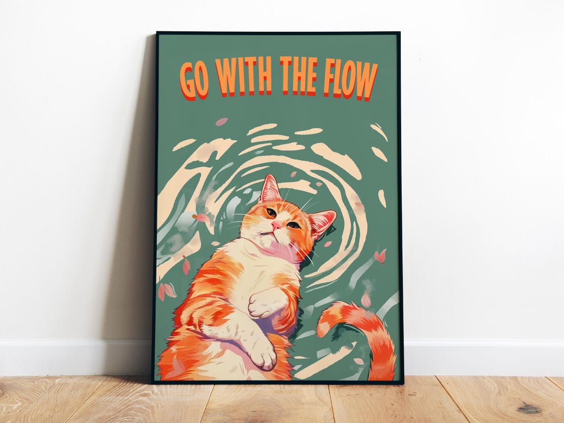 Go With The Flow Floating Orange Tabby Cat Swirls Teal Zen Poster