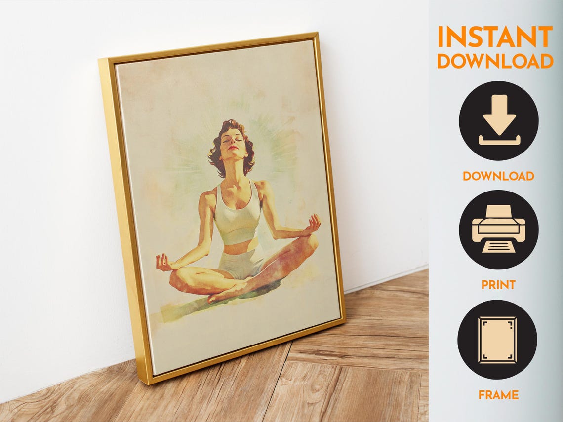 Woman Meditating In Lotus Pose Retro Yoga Wellness Art Poster - Image 6