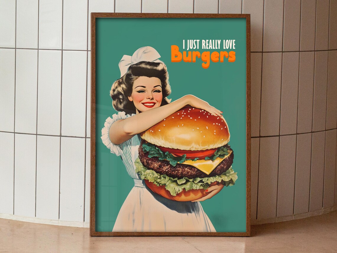 I Just Really Love Burgers Funny 50s Housewife Burger Poster - Image 3