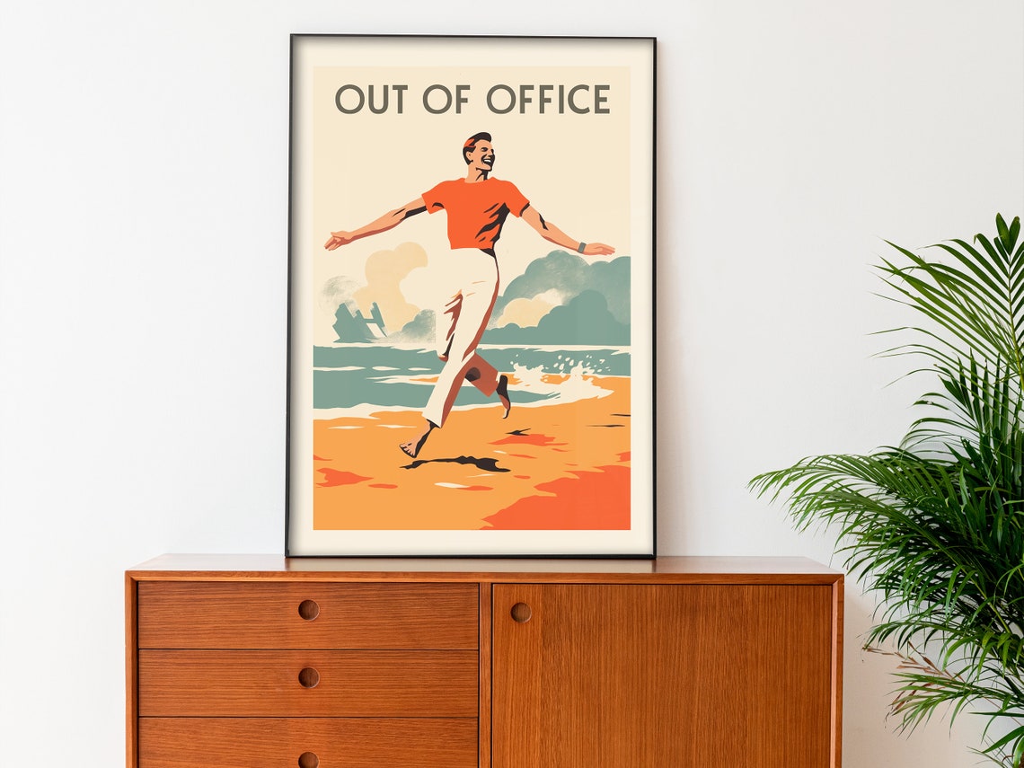 Out Of Office Funny Man Running On Beach Retro Travel Poster - Image 4