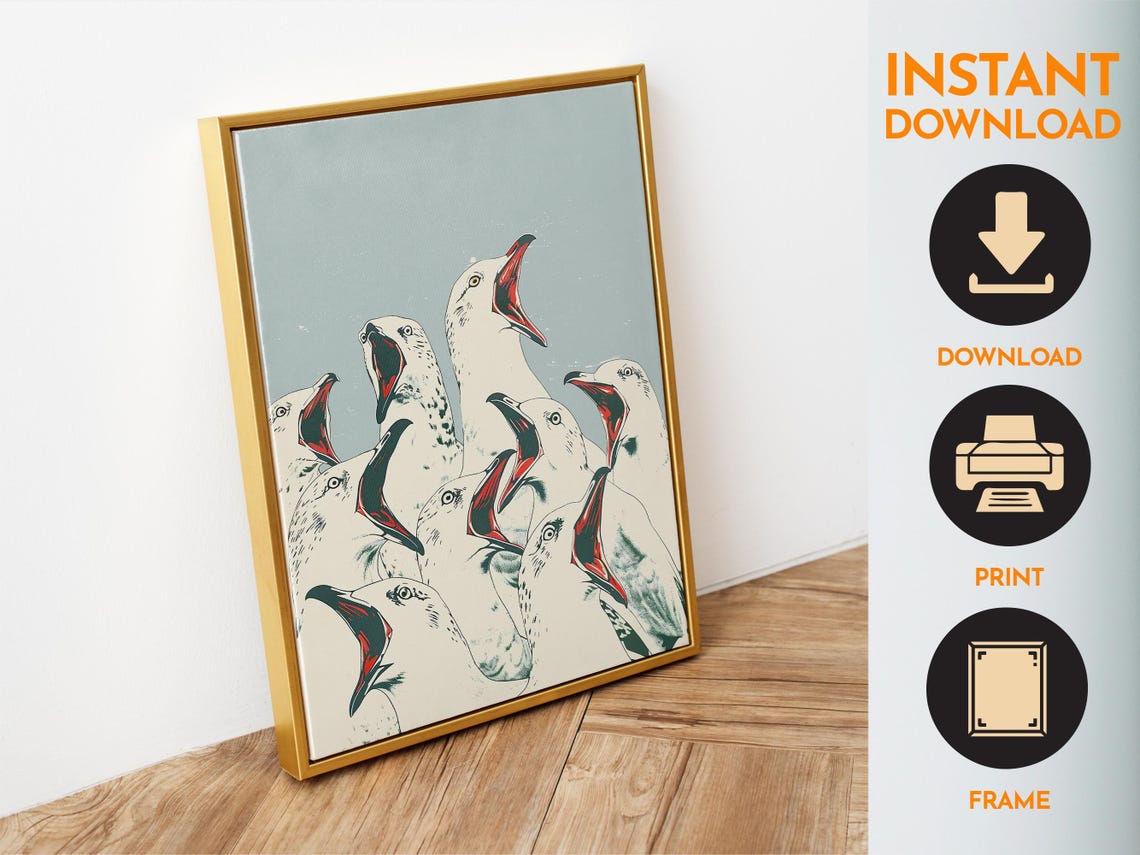 Screaming Seagulls Funny Graphic Bird Illustration Bathroom Poster - Image 6