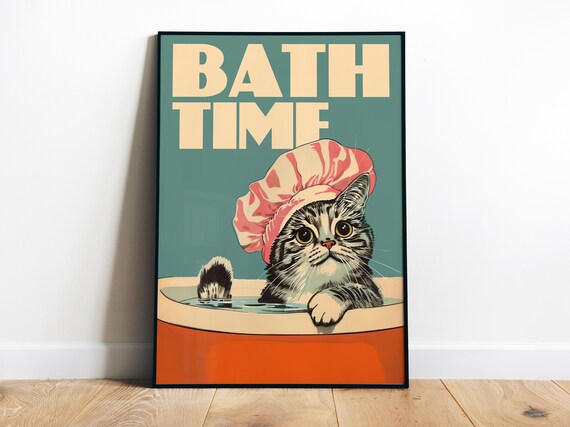 Bath Time Tabby Cat Shower Cap Cute Vintage Bathroom Decor Poster