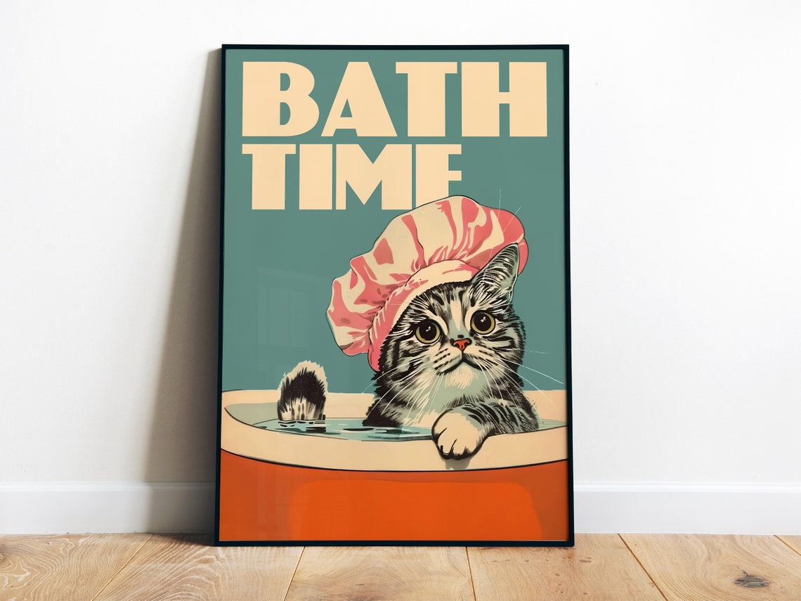 Bath Time Tabby Cat Shower Cap Cute Vintage Bathroom Decor Poster