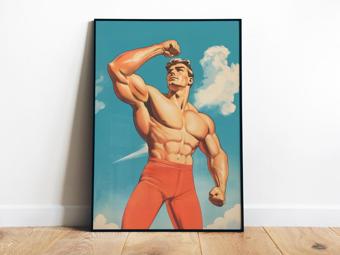 Retro Bodybuilder Man Flexing Biceps Vintage Muscle Gym Art Poster