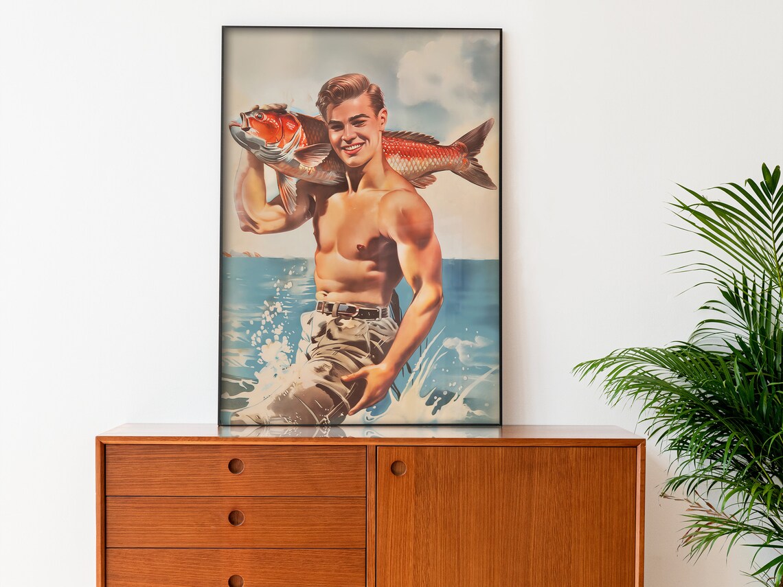 Big Catch Retro Fisherman Holding Red Fish Ocean Vintage Style Poster - Image 4
