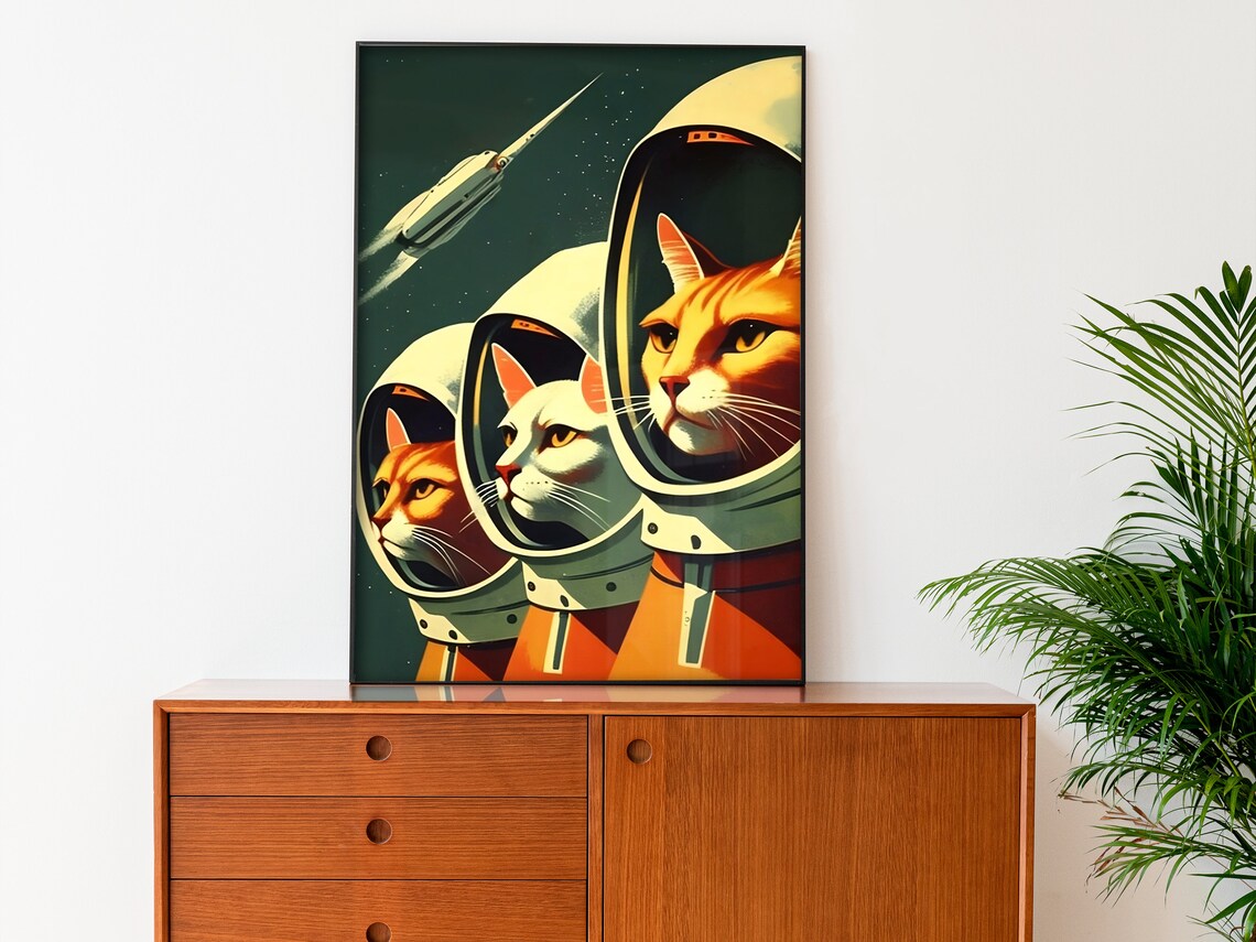 Retro Space Cats Astronaut Poster, Soviet Space Art - Image 4