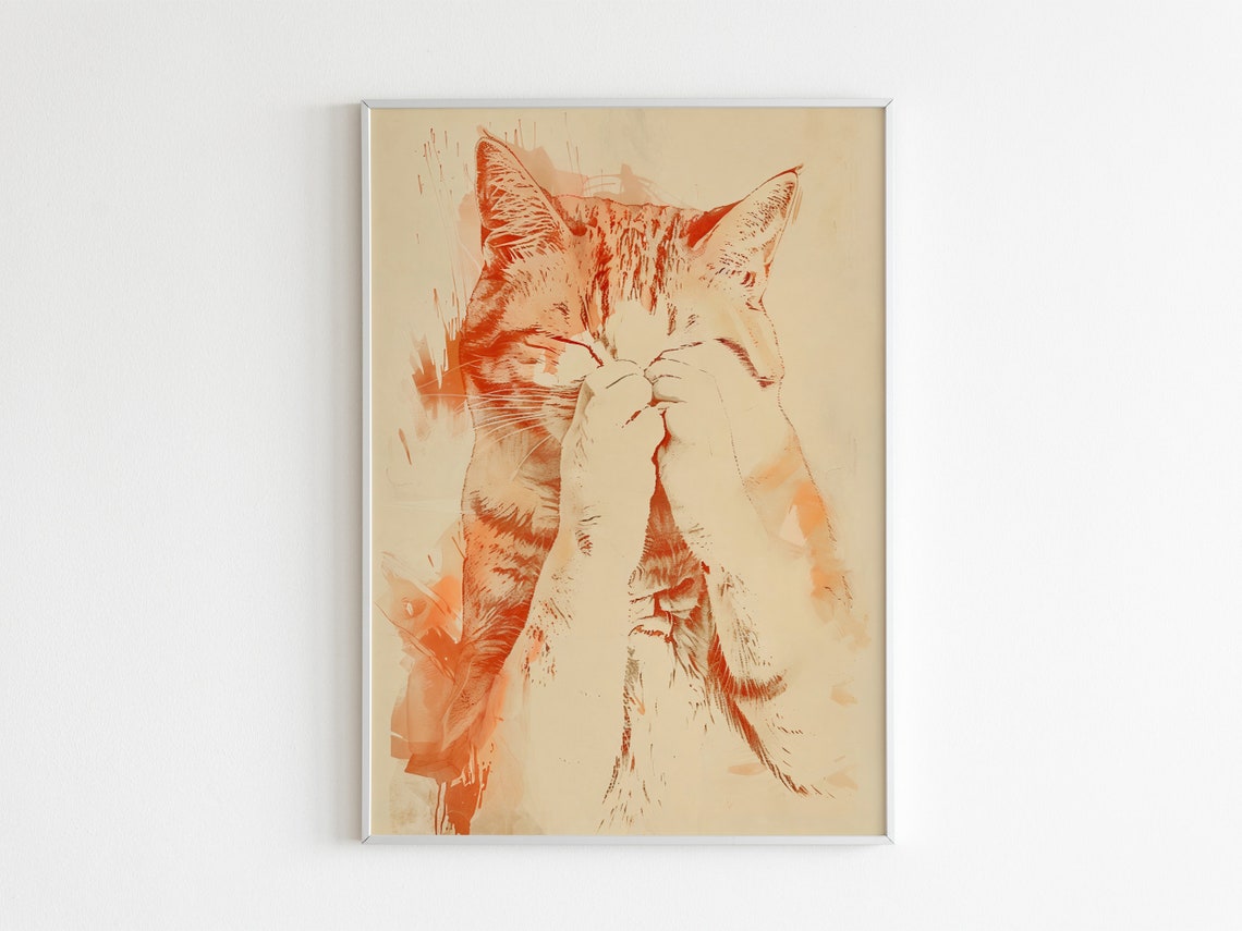 Shy Orange Tabby Cat Covering Eyes Cute Peekaboo Kitten Art Poster - Image 3