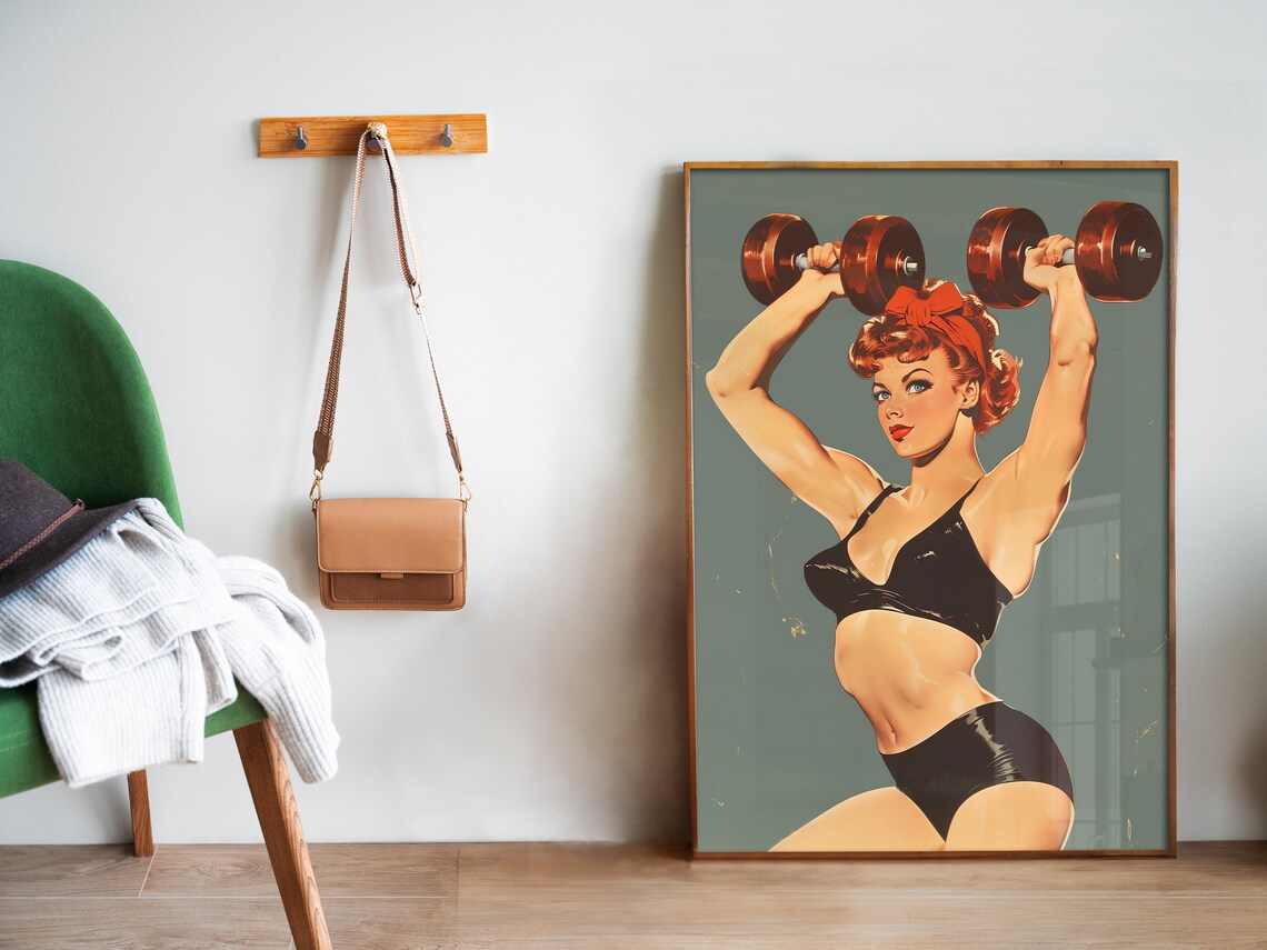 Strong Woman Lifting Dumbbells Retro Pin Up Gym Motivation Wall Poster - Image 5
