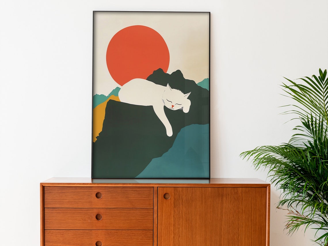 Sleeping White Cat On Cliff Red Sun Minimal Japanese Style Poster - Image 3