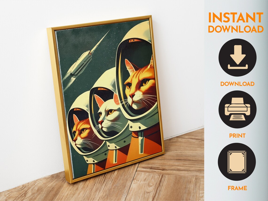 Retro Space Cats Astronaut Poster, Soviet Space Art - Image 6