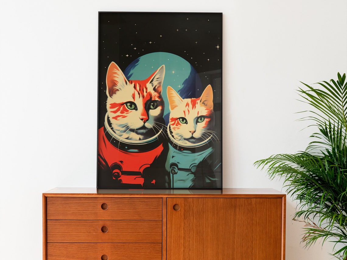 Space Cats Astronaut Kittens Retro Vintage Sci Fi Planet Art Poster - Image 3