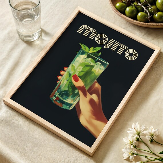 Mojito Hand Retro Cocktail Bar Vintage Lounge Black Mint Wall Art