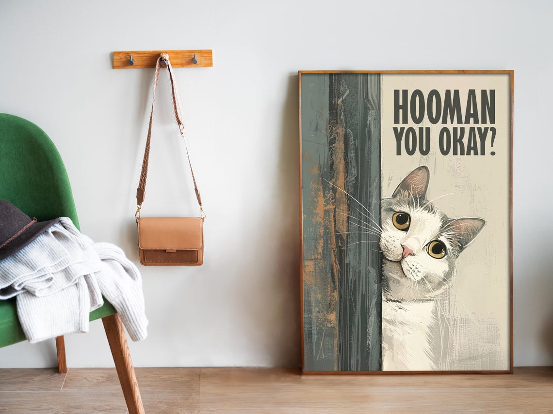 Hooman You Okay Funny Cat Peeking Door Painted Beige Retro Poster - Image 5