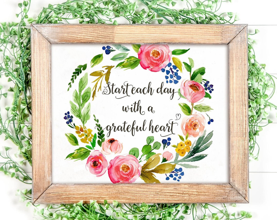 Start Each Day With A Grateful Heart Floral Wreath Calligraphy Poster
