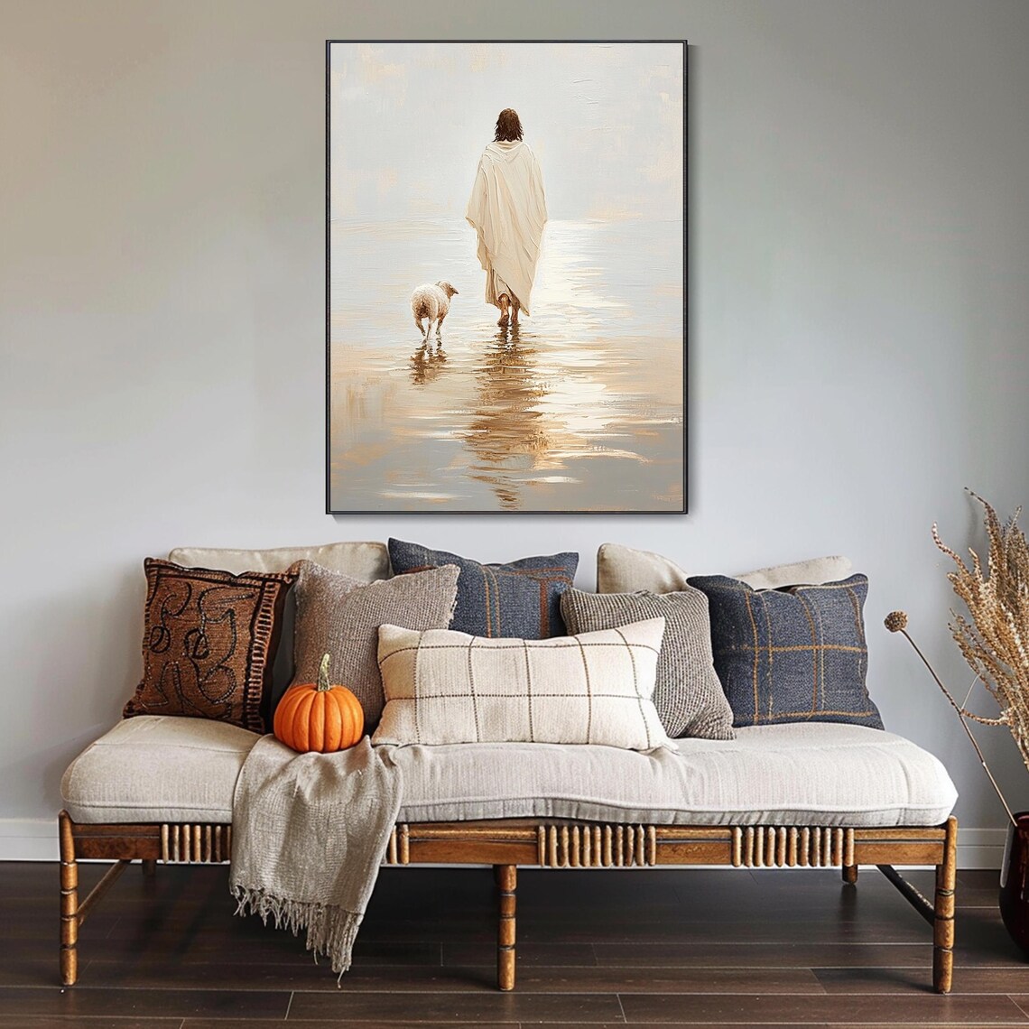 Jesus Walking on Water With Lamb Inspirational Minimalist Religious Painting Poster - Image 2