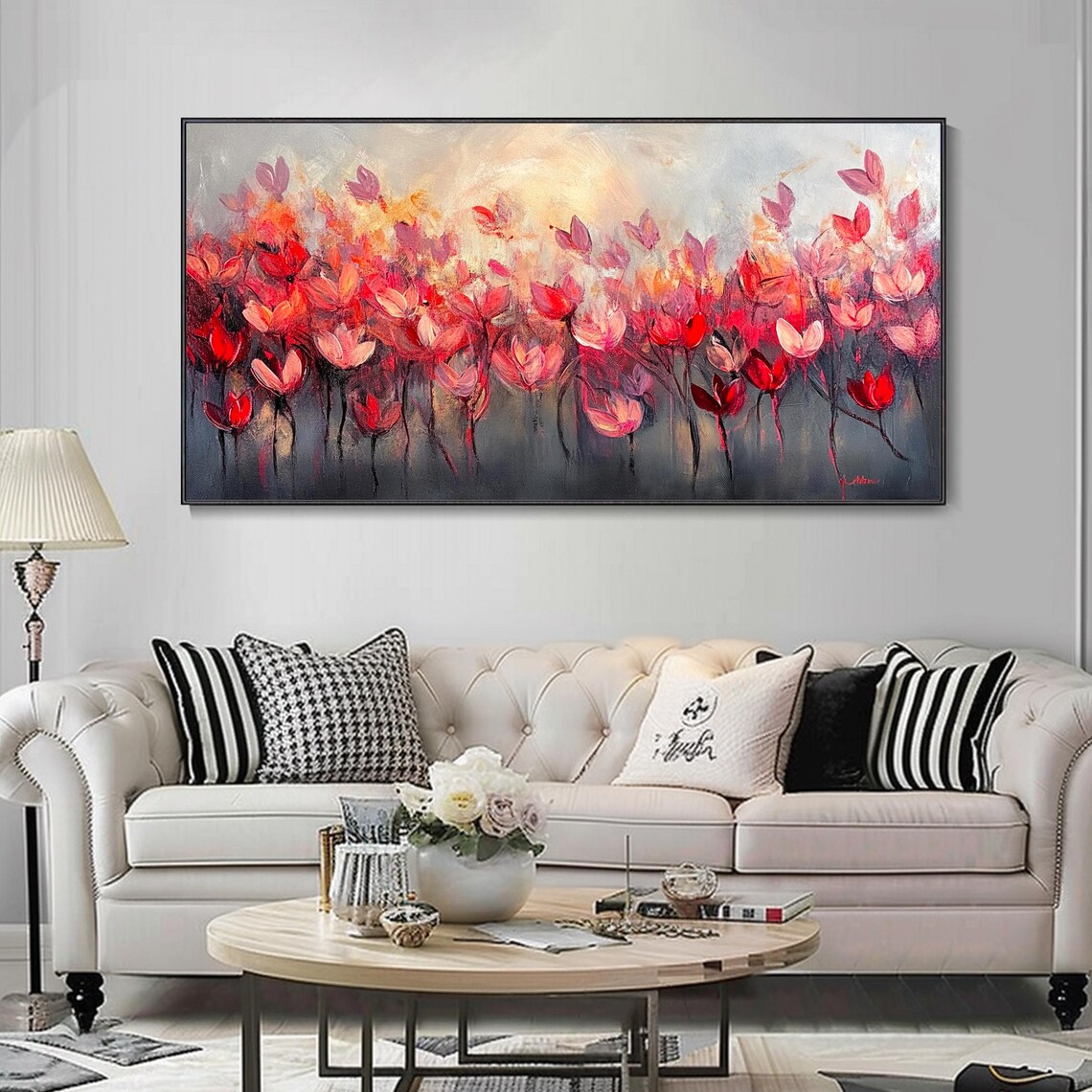Crimson Red Flowers On Dark Grey Abstract Floral Painting Poster - Image 3