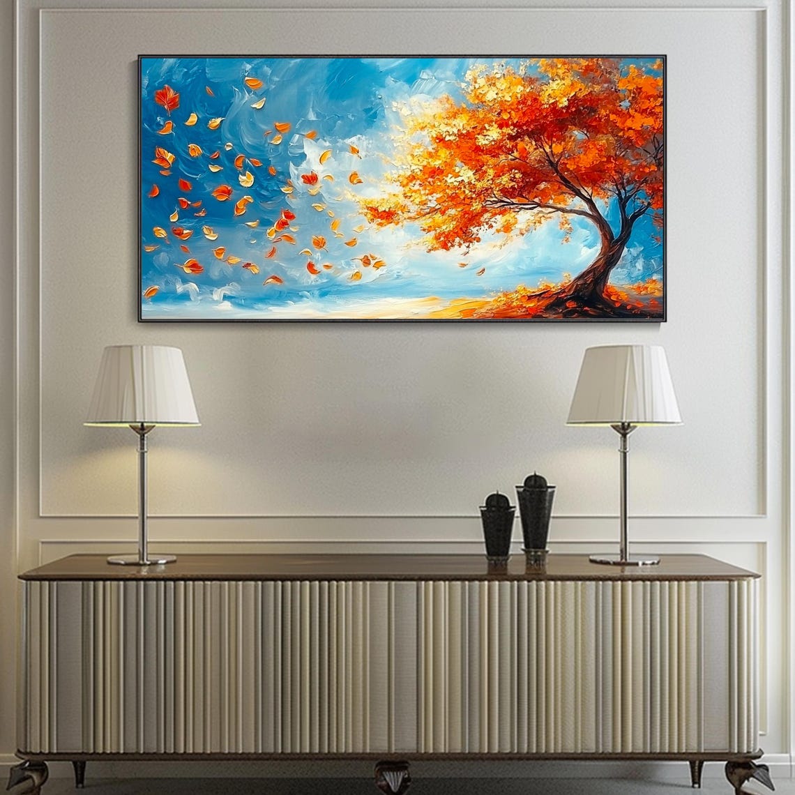 Autumn Orange Tree With Falling Leaves Blue Sky Painting Poster - Image 2