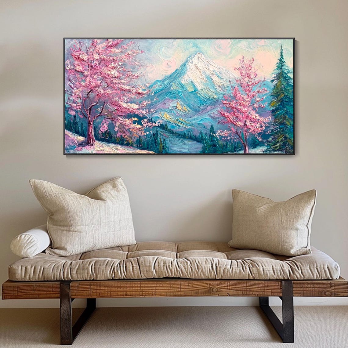 Pink Cherry Blossom Trees With Snowy Blue Mountain Peak Poster - Image 4