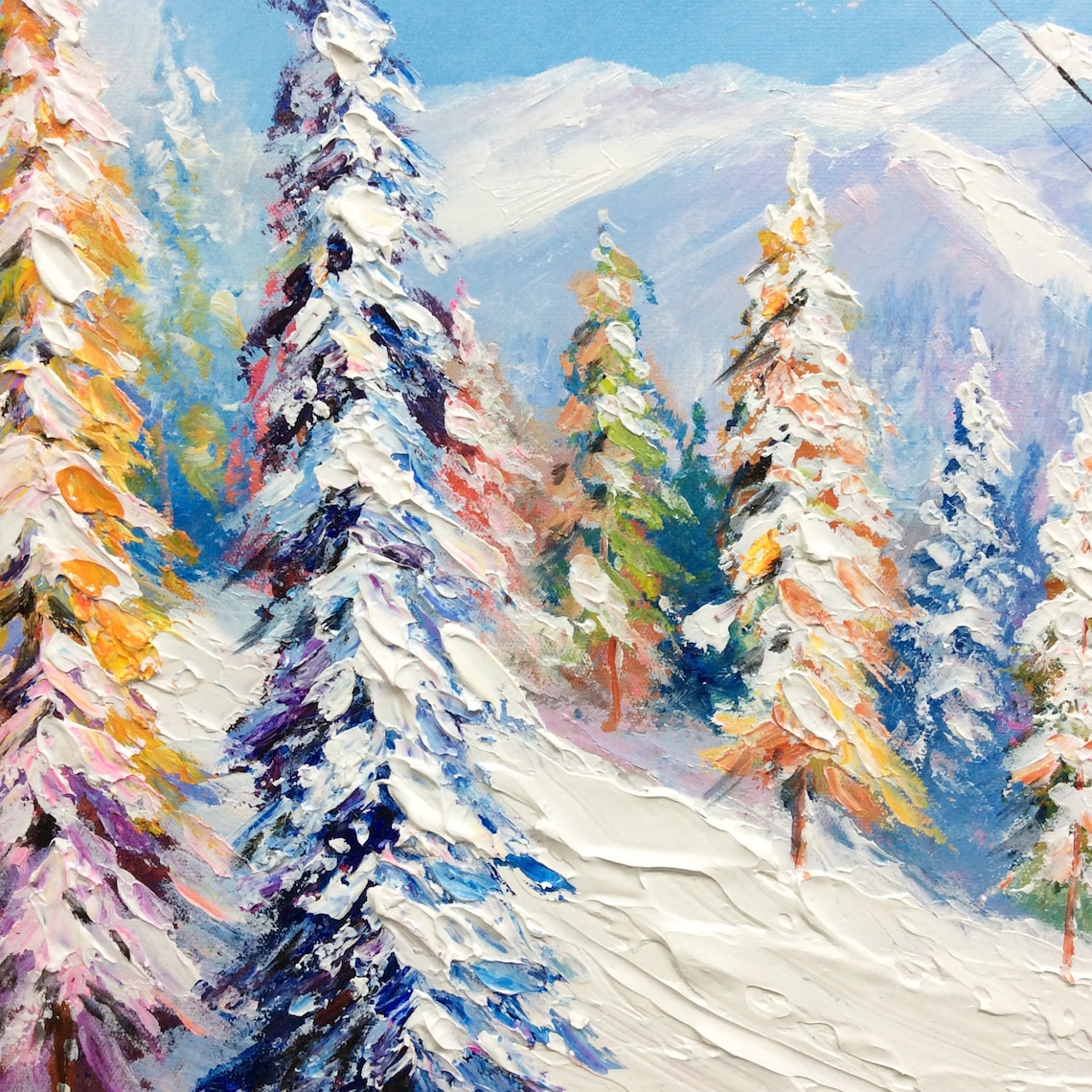 White Ski Oil Painting, Ski Resort Pine Tree Art - Image 2